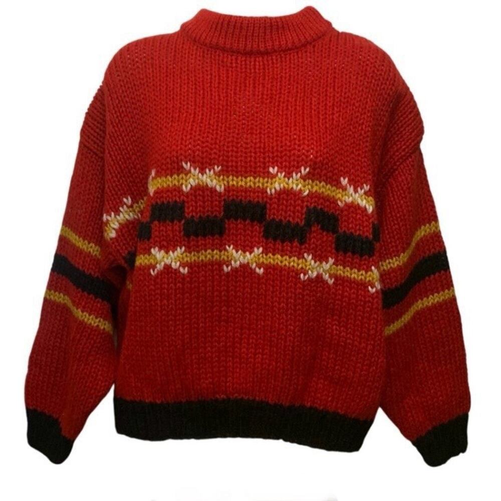 Vintage 80s Midnight Blues Hand Knit Red Chunky Sweater M Korea Retro Ski